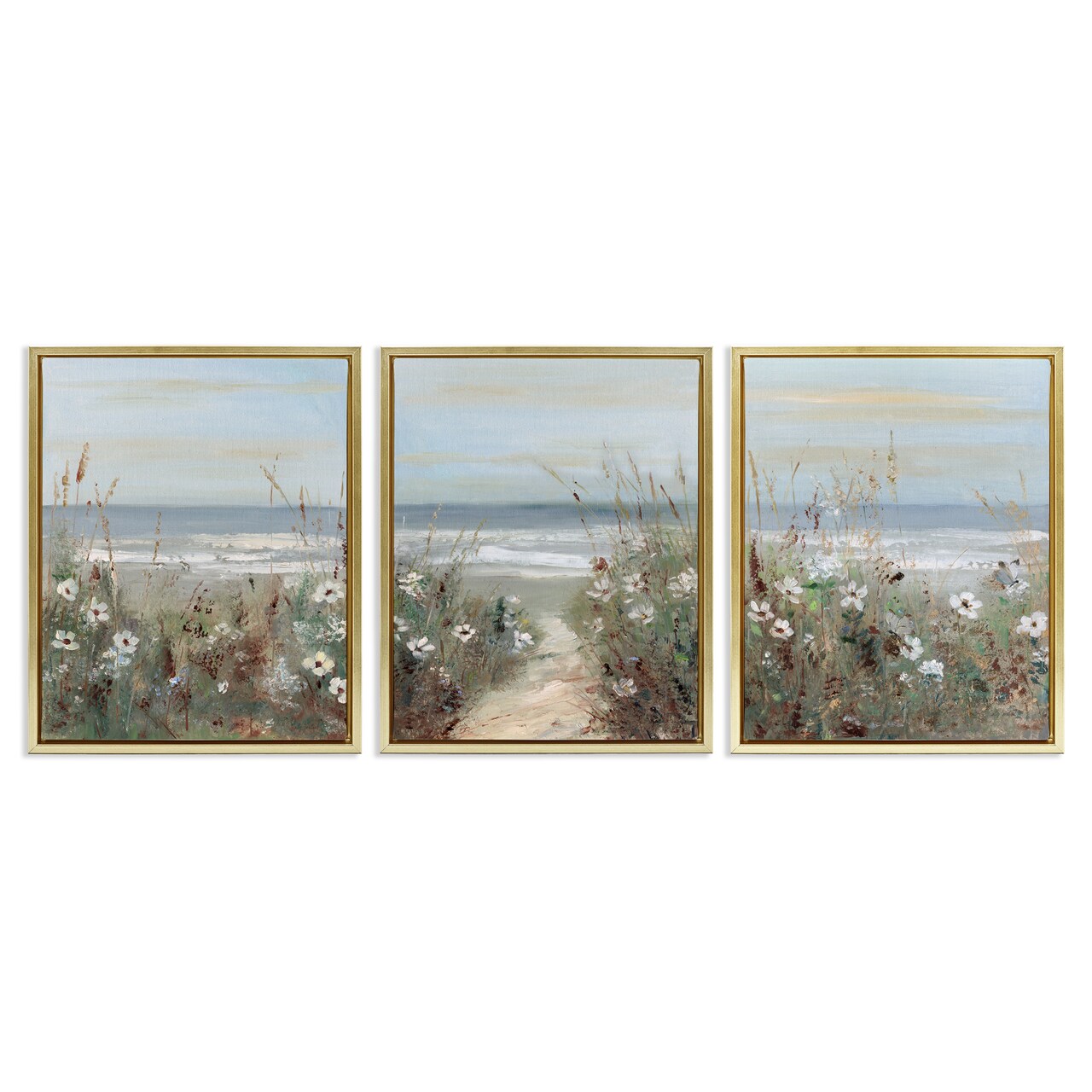 Stupell Industries Wildflower Coastline Landscape 3 Piece Black Framed Floater Canvas Set, design by Sally Swatland